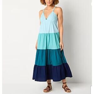 Color Block Maxi Sun Dress Tiered L Blue Beach Smocked Babydoll Color Block